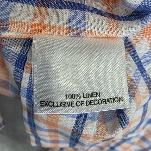 Mens Cremeux Classics Blue White & Orange Checkered Shirt 100% Linen Size M - Picture 4 of 9